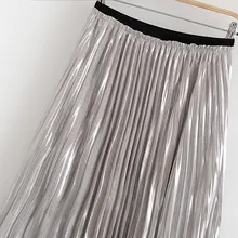 Женская стильная блестящая плиссированная юбка с эластичной резинкой на талии, европейский стиль, женская Юбка-миди, шикарные элегантные базовые юбки