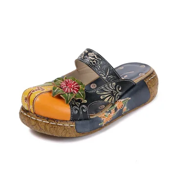 

CEVABULE Women's ladies shoes casual Shoes Genuine Leather Slipper National Style Flower Handmade Platform Retro ZB-0933-31