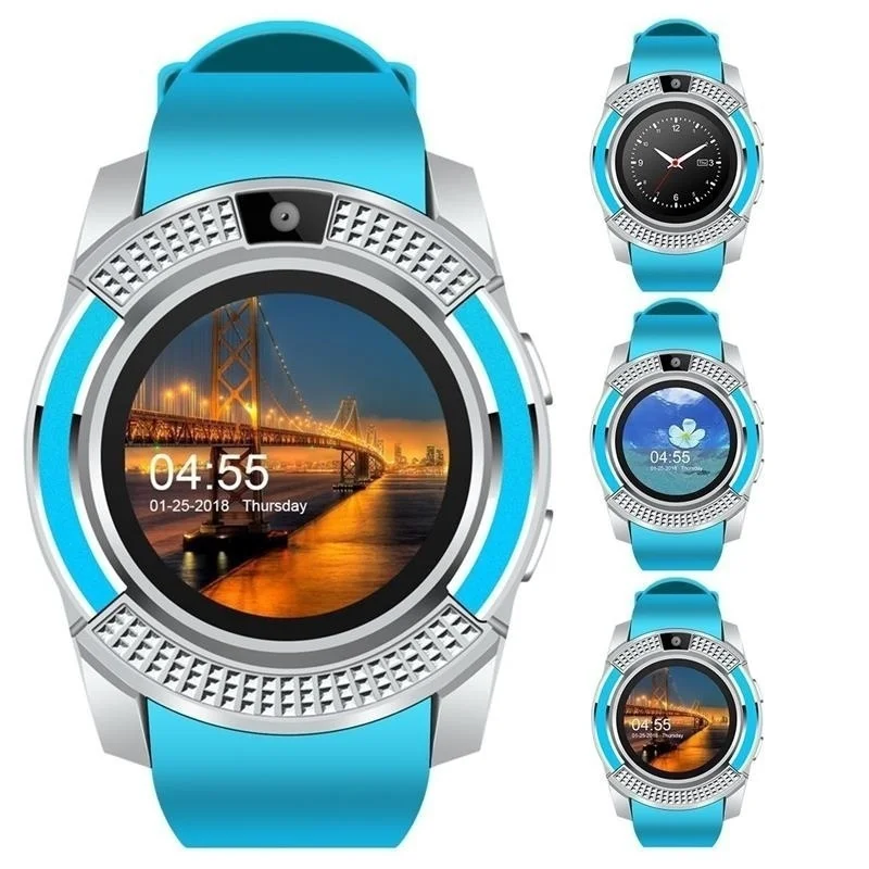 Смарт-часы V8 мужские спортивные часы с Bluetooth женские Дамские умные часы Rel gio с камерой слотом для sim-карты Android телефон PK DZ09 Y1 A1 - Цвет: Sky Blue
