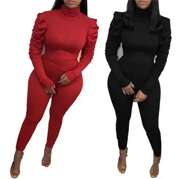 

2 Piece Sets Womens Outfits Roupas Feminina Solid Color Tight Turtleneck Puff Sleeve Two Piece Set Women