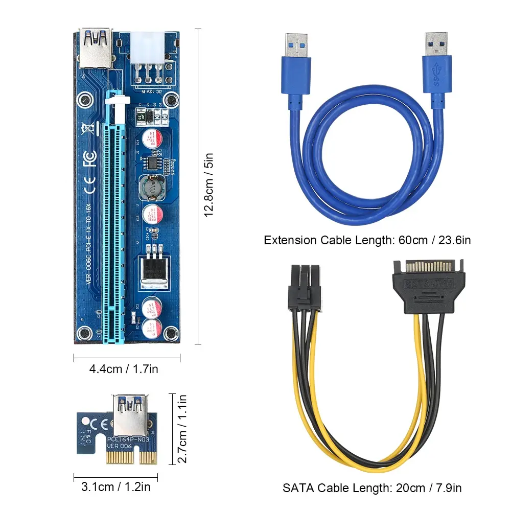 6-Pack мульти-интерфейс PCI-E 6pin питание Riser адаптер карта 1x до 16x Rise плата с 23,6 дюйма USB3.0 удлинитель