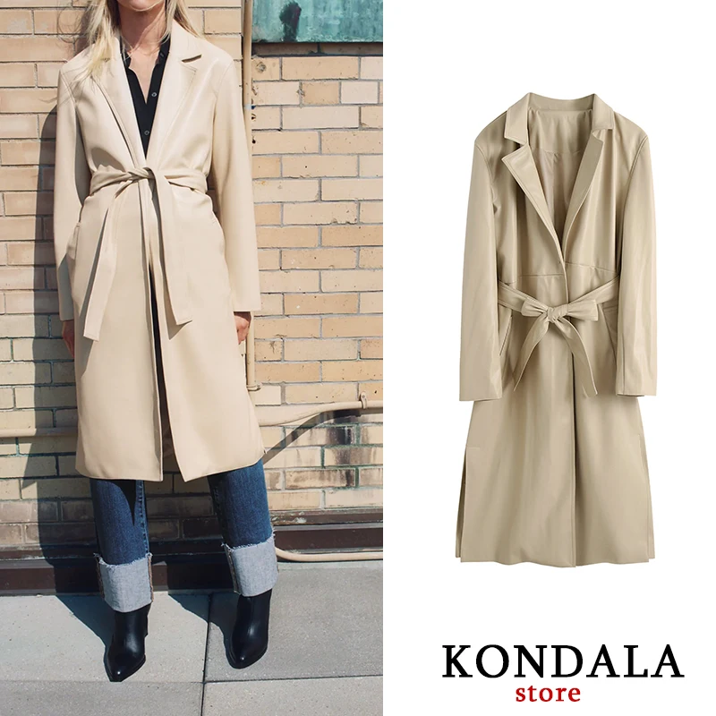 

Women's Jacket Leather Office Lady Slim Sashes Long Jacket za 2020 Long Sleeve Autumn PU Jackets Women Single Button Coat Mujer