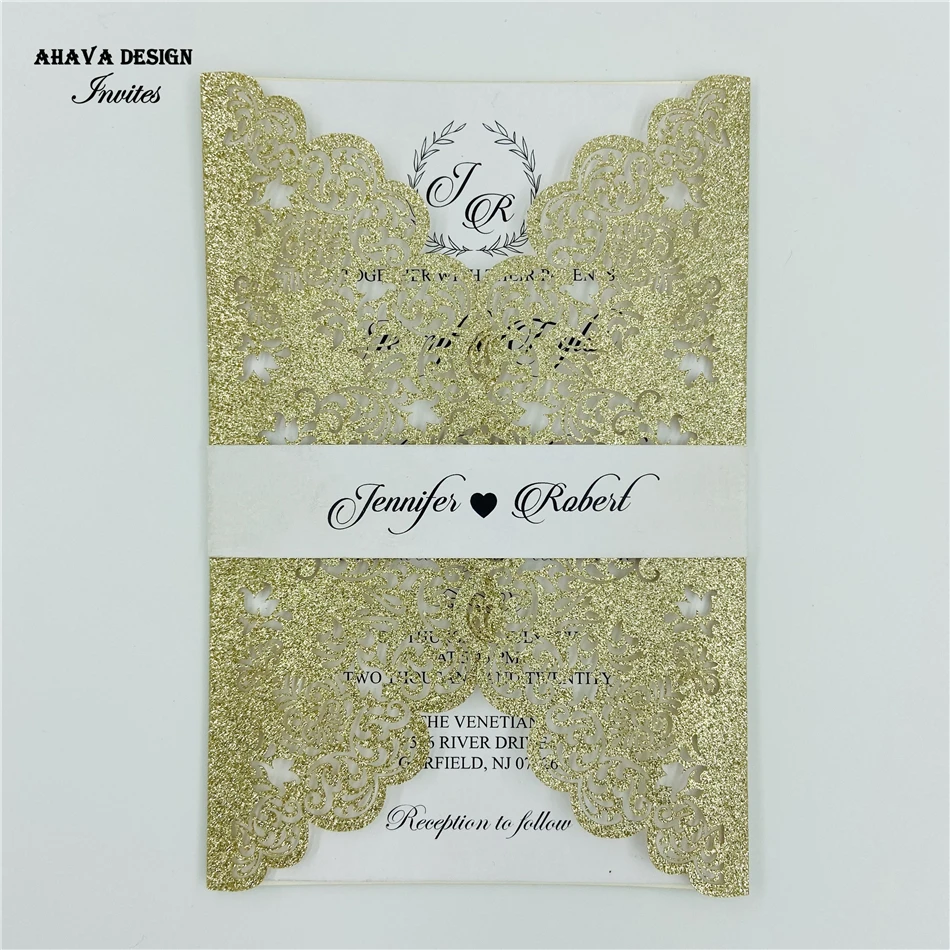 

Glitter Champagne Gold Romantic Laser Cut Lace Invitations Kits With Bellly Band for Wedding, Customized Wedding Invite