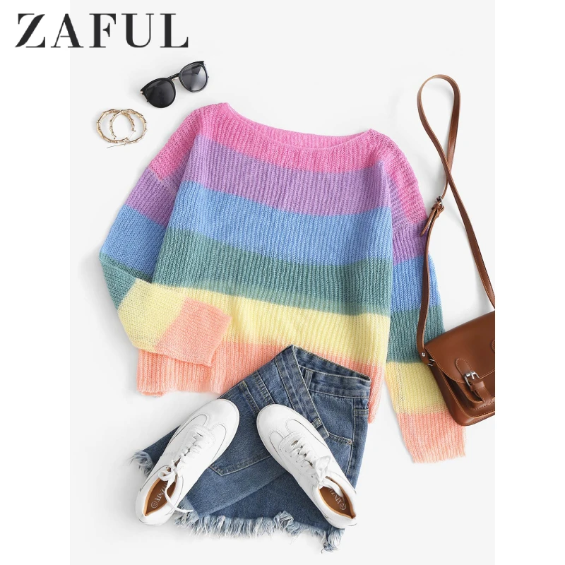

Striped Rainbow Knit Loose Sweater Slash Neck Oversized Sweater Drop Shoulder Sweater Warm Fit Sweater Women Pullover Sweaters