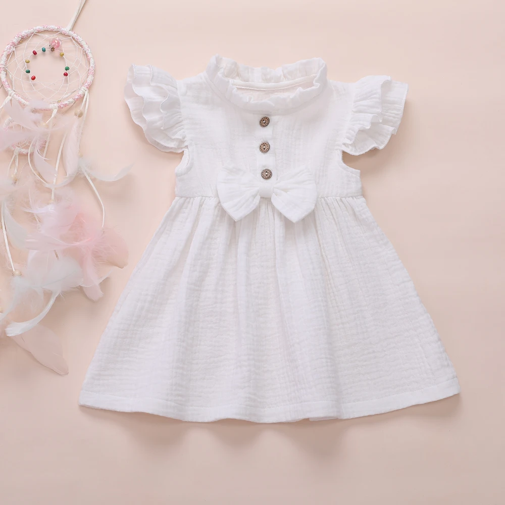 2020 Princess Toddler Kids Baby Girl Dress 1-6Y Solid Linen Button Ruffle Sleeve Turn Down Collar Bow Party A-Line Dress Clothes