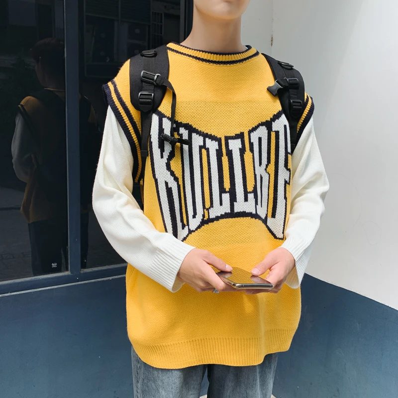 Winter Sweater Men Warm Fashion Contrast Color Letters Fake Two-piece Knit Sweater Man Wild Loose Pullover Sweter Clothes Men