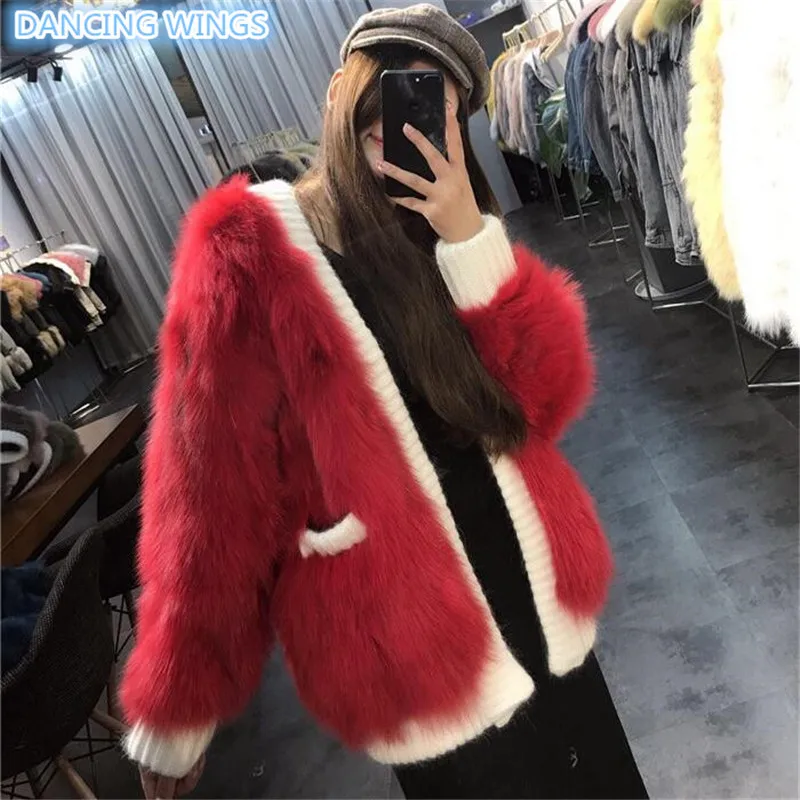 Красный Свободное негабаритное пальто из лисьего меха, женский кардиган из натурального меха, зимняя теплая куртка из натурального Лисьего меха - Цвет: Красный