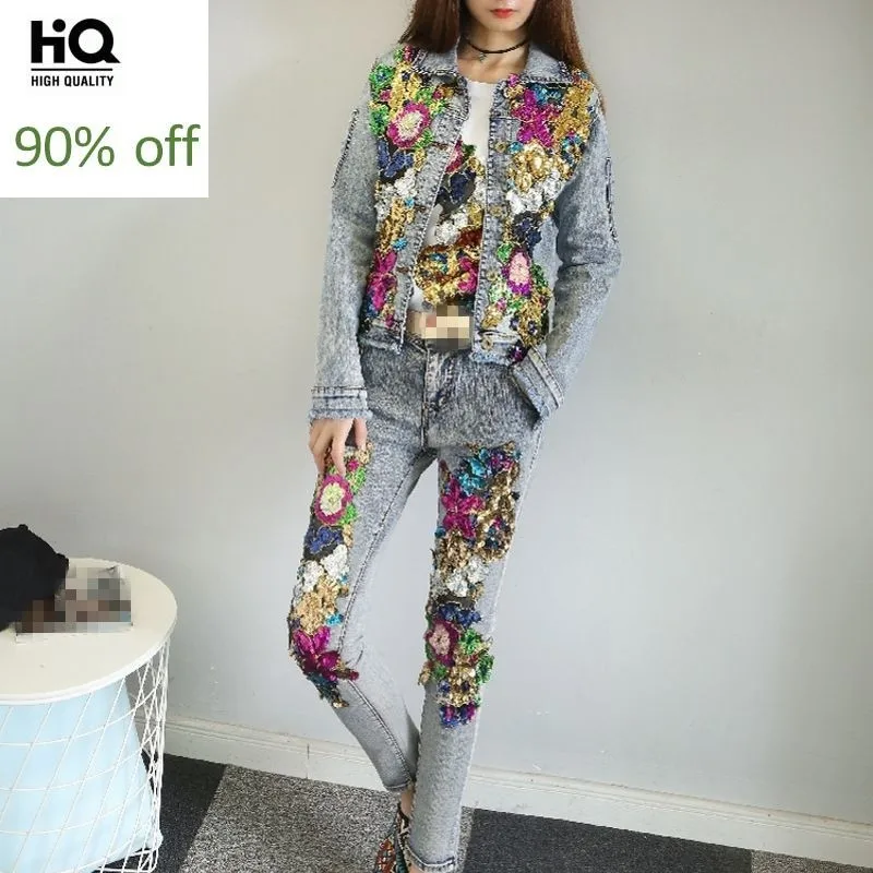 

New Fashion Women Punk Style Zipper Sequins Flower Bling Sets Lady Denim Long Pants Sets Crystal Slim Fit Plus Size Female Coats