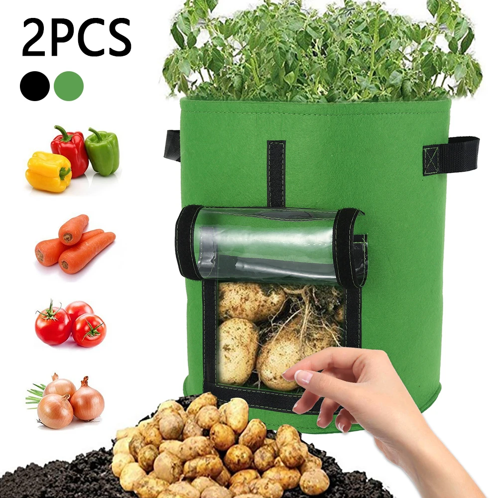 

2PCS Vegetable Plants Pot Growing Container Flower Planting Black Bag Transparent Observation Window Felt Potato Planting Barrel