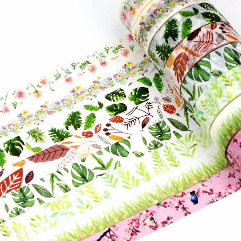 Cinta Washi decorativa de 10m, hojas de hoja de palma Tropical, verde, rosa, marrón, planificador, cintas adhesivas, suministros para escuela y oficina