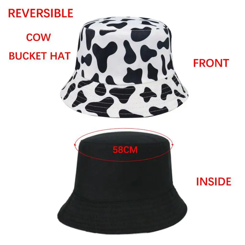 New Fashion Reversible Black White Cow Pattern Bucket Hats Fisherman Caps For Women Gorras Summer