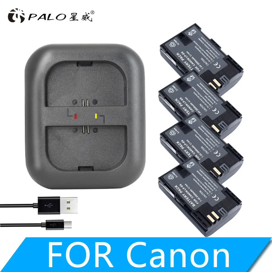 PALO цифровые аккумуляторы 4 шт. LP E6 камера батарея LP-E6 7,4 в 2000 мАч+ USB зарядное устройство с двойным разъемом для Canon EOS 6d 5d mark iii ii 6d - Цвет: 1 charger 4 battery