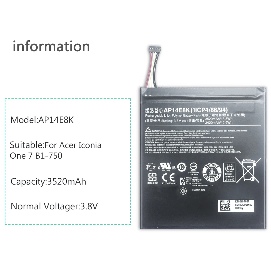 MALECRANE Warranty New 3520mAh Tablet Battery AP14E8K For Acer Iconia One 7 B1-750 Lithium Polymer Batteries
