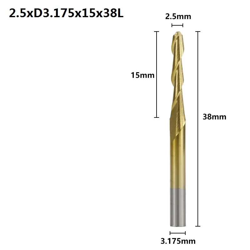 2.5xD3.175x15x38L XCAN 10 шт. 3,175 мм хвостовик 0,8-3,175 мм титановое покрытие Сферическая Концевая фреза Карбид спиральная Концевая фреза ЧПУ фреза - Длина режущей кромки: 2.5xD3.175x15x38L