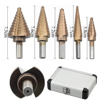 

Yalku Straight Groove Tool Drill Bit Set Metal Step Cone Drill Bit Hole Saw Cutter Titanium Drill Bits Set With Aluminum Box