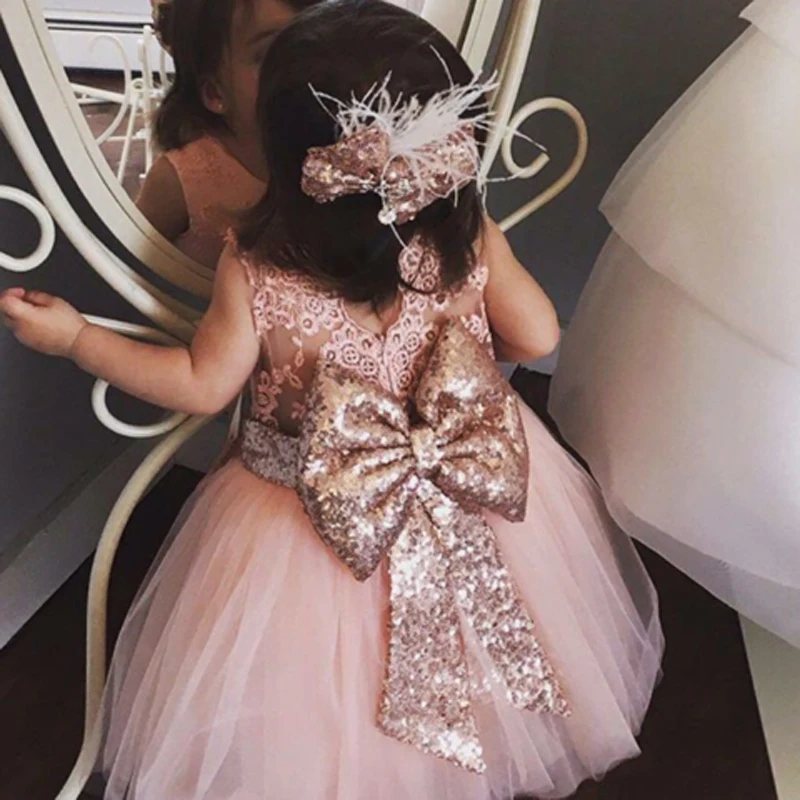 От 6 месяцев до 10 лет платье для маленьких девочек кружевное платье принцессы с бантом и пайетками на свадьбу платье на крестины на первый день рождения