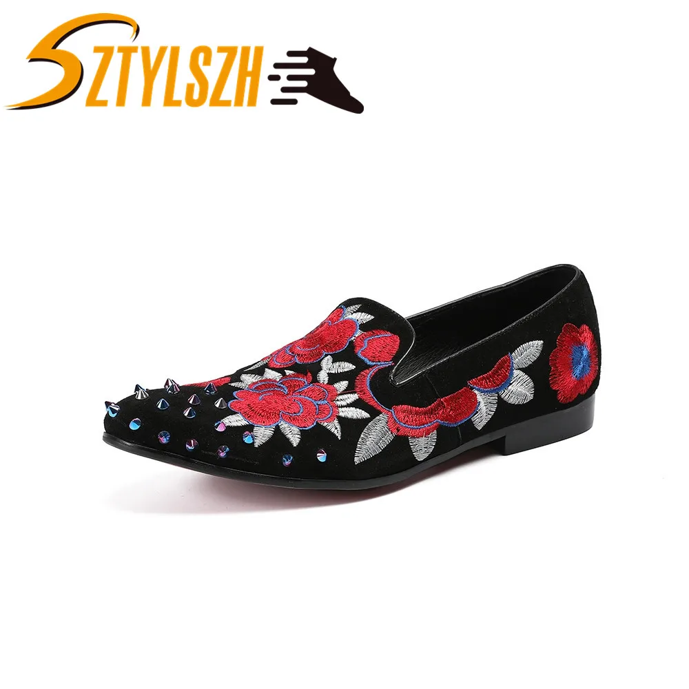 

British Style Embroidered Loafers Men Rivets Shoes Designer Mens Smoking Slippers Male Wedding and Party Moccasins Dress Shoes