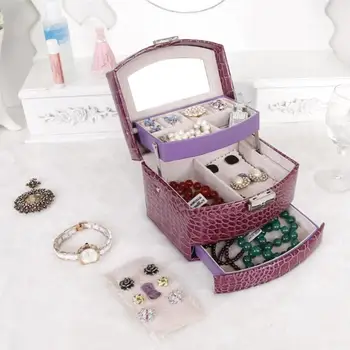 

Leather Automatic Buckle Crocodile Jewelry Box Three Layers Cosmetic Holder