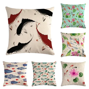 

Summer Pond Chinese Style Printed Linen Pillowcase Decoration Lotus Carp Pattern Home Mahogany Chair Cushion Cover Accessories