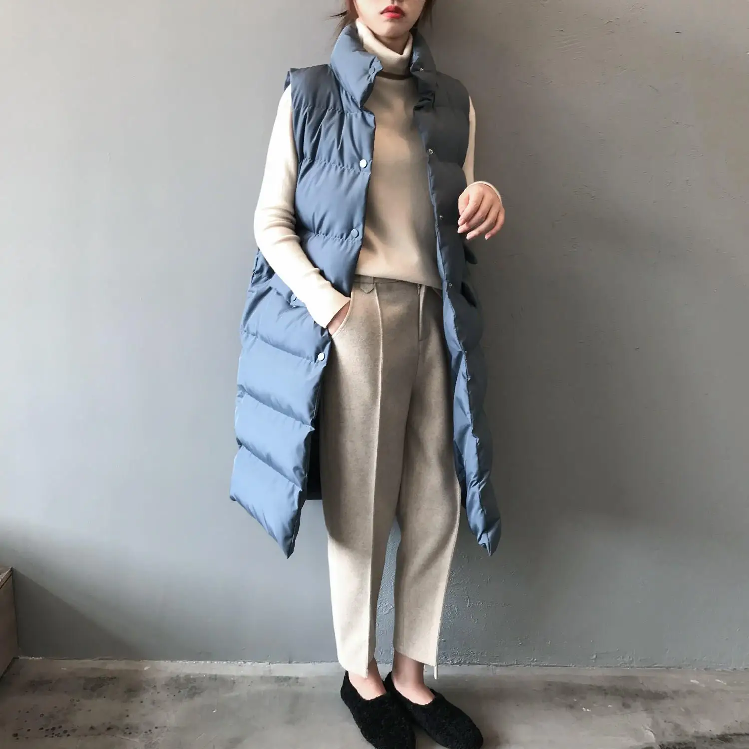 Winter Thicken Warm Cotton Down Vest Women Fashion Single Button Loose Version Long Sleeveless Coat