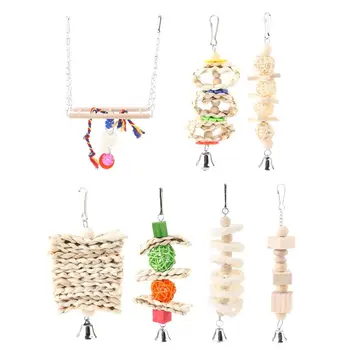 

7 Pack Colorful Bird Chewing Toy Wood Building Log Blocks Bite Wooden String Cage Nature Stand Pet Parrot