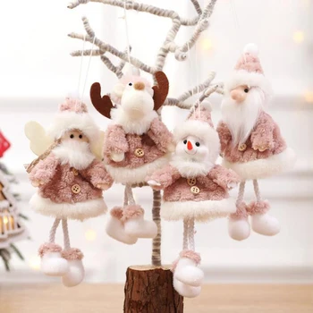 

New Year Pink Plush Christmas Tree Ornament Cute Snowman Elk Plush Doll Christmas Tree Pendant Santa Claus Angel Xmas Tree Decor