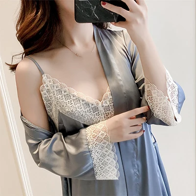 Атласный халат+ платье пижамный комплект Женский сексуальный кружевной спагетти ремень ночной халат ночная рубашка модная Домашняя одежда женский - Цвет: silver