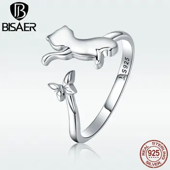 

BISAER NEW 925 Sterling Silver Naughty Cat Kitty with Butterfly Open Finger Ring for Women Silver Fashion Rings Jewelry GXR443