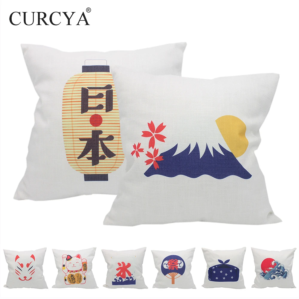

CURCYA White Like Linen Cushion Covers Fuji Mountain Sea Wave Japanese Culture Elements Sofa Chair Waist Pillow Cover Case Decor