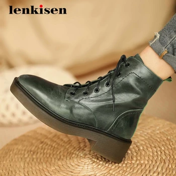 

Lenkisen new western boots natural leather handmade square toe thick med heel lace up solid office lady classics ankle boots L06
