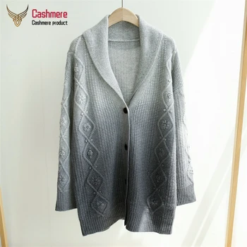 

Women's Cardigan Sweater Mid-length V-neck Cashmere Sweater Women Twist Pattern Sweater Gradient Color Bright Silk Sweater Gray