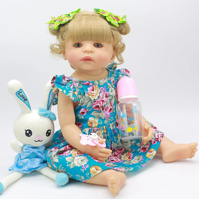 

55CM Reborn Baby Doll Toy Full Silicone Rabbit Bule Dress Cloth Body Short Hair Realistic Baby Doll Toddler Kids Accompany Toy