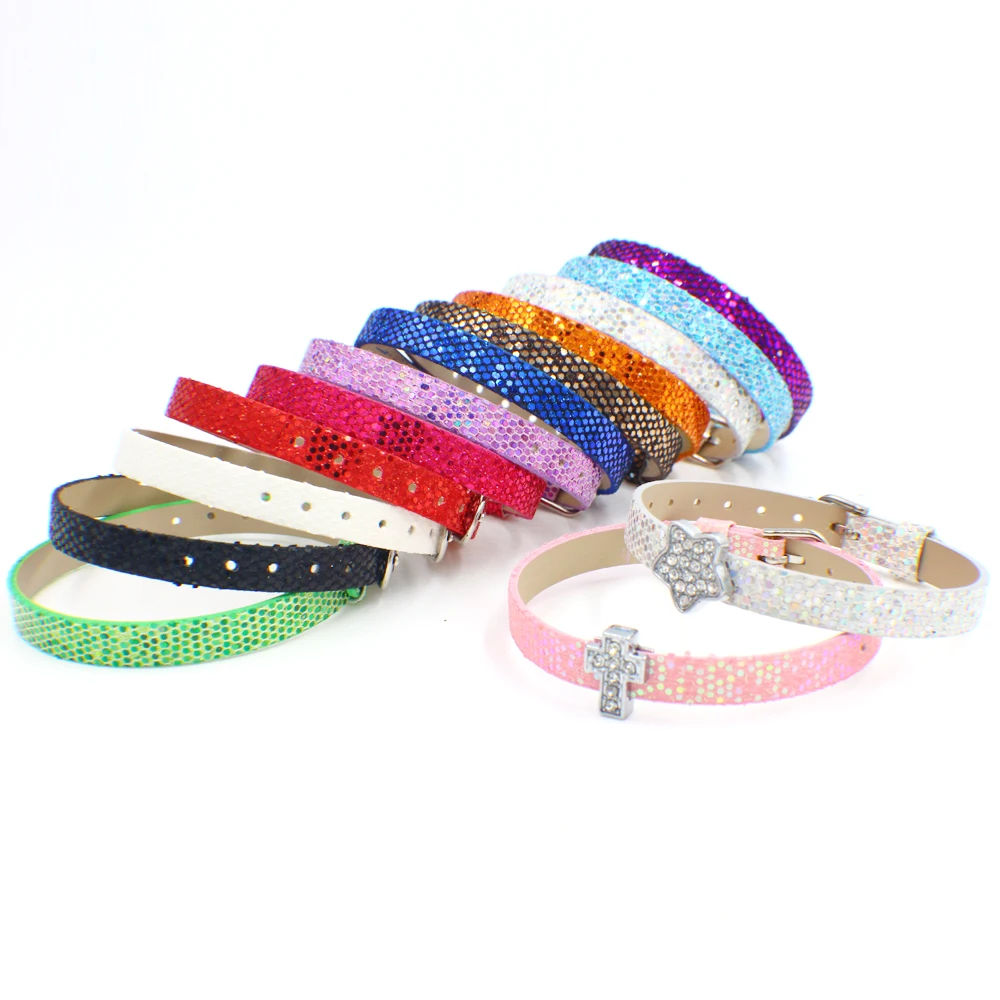 

1pc Sequins PU Leather Sequin Wristband bracelet colorful DIY Accessory 8mm wide 21cm length fit 8mm slide charm as gift