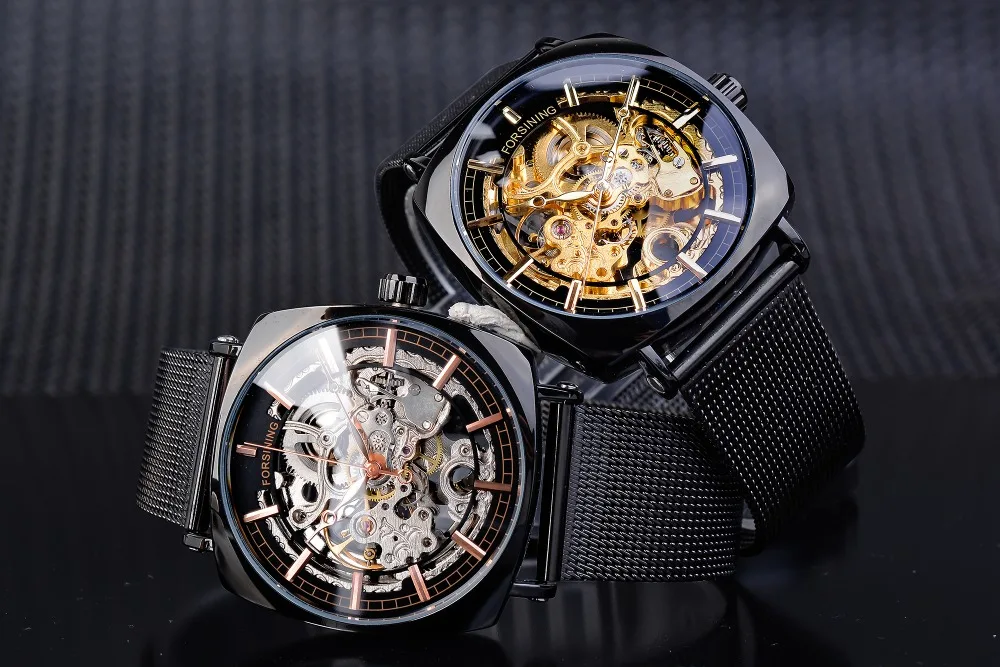 Forsining Top Brand Luxury Man Clock Fashion Mens Watch Casual Waterproof Rose Gold Mesh Skeleton Mechanical Wristwatches