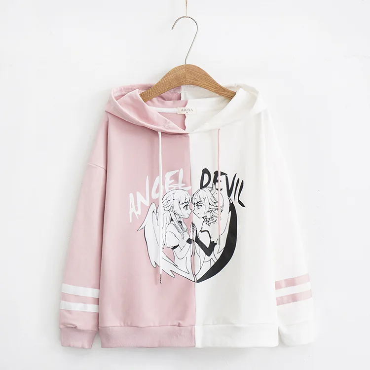 Розовый Осенняя Япония Kawaii Мультфильм персонажи хлопок толстовки для женщин подростков девушка Harajuku Лоскутная милая девушка печатных пуловер - Цвет: Розовый