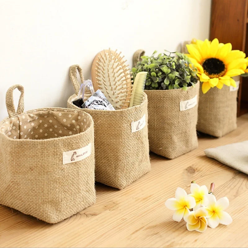 

Household Collapsible Burlap Storage Basket Burlap with Cotton Lining Sundries Basket Mini Desktop Storage Hanging Bags