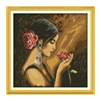 

Rose Girl Printed Cross Stitch Kit Patterns Embroidery Set 14CT White Fabric Needlework Crafts 11CT Handmade Home Decor Painting