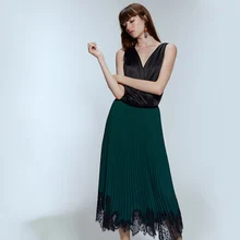 ZA плиссированная юбка с кружевной отделкой для женщин, трендовая осенне-зимняя повседневная кружевная сексуальная Длинная зеленая юбка, праздничный подарок для вечеринки