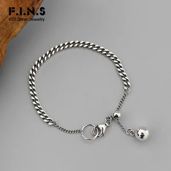 

F.I.N.S Vintage Korean S925 Sterling Silver Bracelet Retro Old Link Flat Chain Bead Pendant Adjustable Bracelet for Decoration