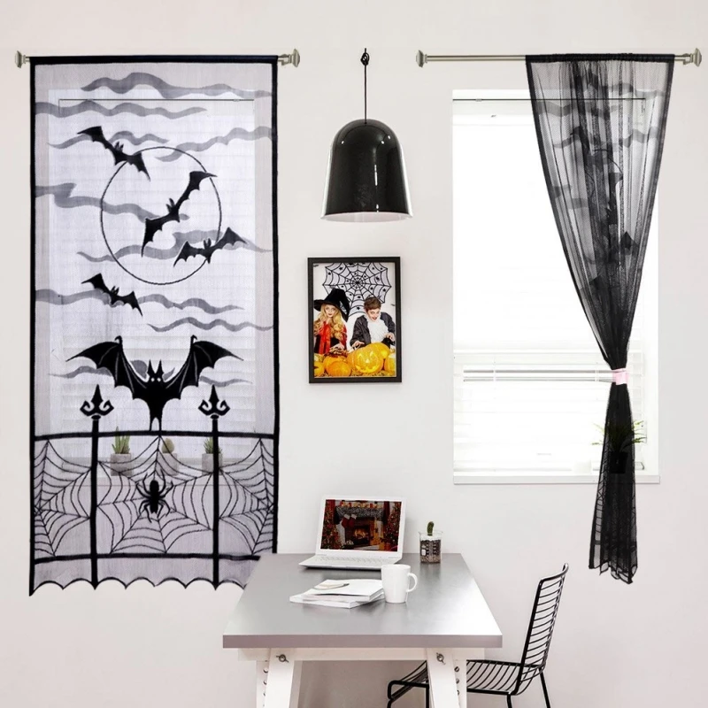 

Halloween Bat Pattern Black Door Curtain Halloween Window Decoration Lace Curtains Festival Products