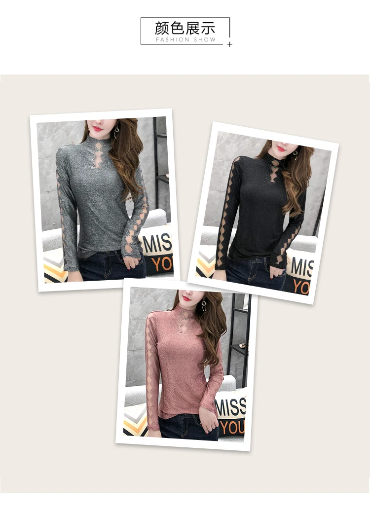 Blusas mujer de moda, размера плюс, женские топы, одноцветные, водолазка, с вырезом, черный, с длинным рукавом, топ, рубашки для женщин, 7849 50