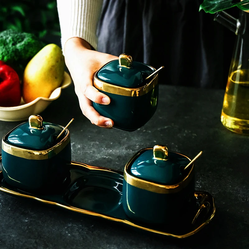 Northern European Light Luxury Emerald Ceramic Sugar Cans Salt MSG Jar Seasoning Jar Seasoning Box Four-piece Household Set