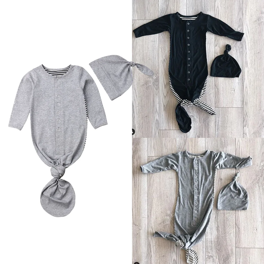 Newborn Infant Toddler Baby Cotton Long Sleeve O-Neck Striped Swaddle Sleeping Bag Wrap Hat 2Pcs Photoprop 0-6M
