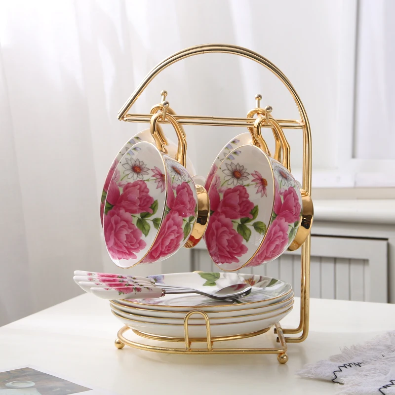 4Cups n Holder Пасторальная Роза костяного фарфора, чайная чашка, блюдце, ложка, набор, 200 мл, британская керамическая кофейная чашка, Современная фарфоровая чашка для послеобеденного чая, Прямая поставка - Цвет: 4Cups n Holder