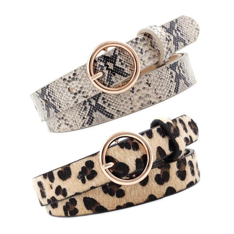 2021 Fashion Leopard Belt Women Snake Zebra Print Thin Horsehair Waist Belt PU Leather Gold Ring Buckle Belts for Ladies Female