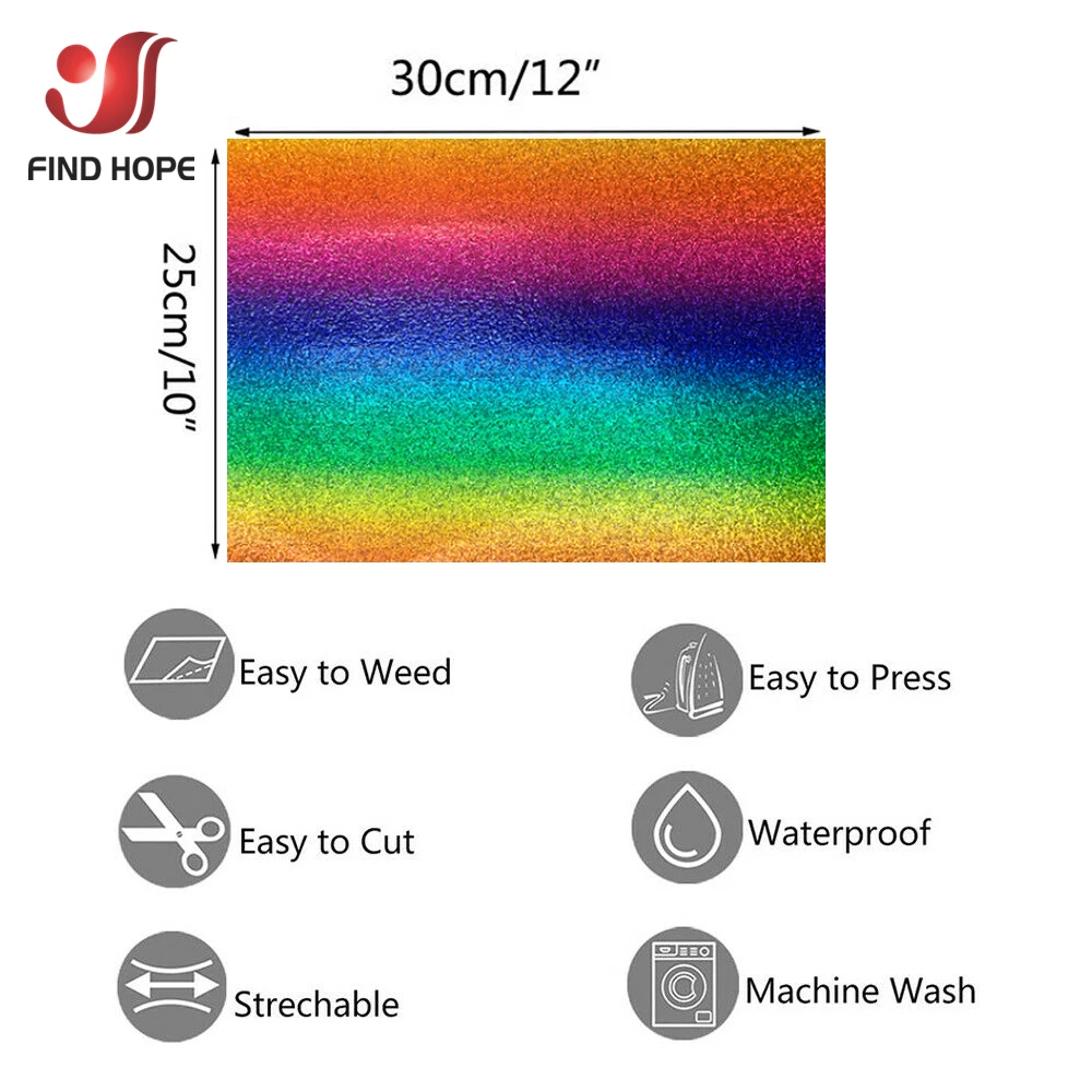 Rainbow Glitter Heat Transfer Vinyl Iron on Tshirts Clothing Film for Cut Cameo Making Design Letter Pattern Hat Craft Decor