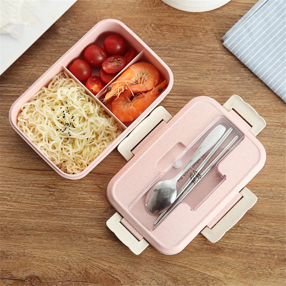 Портативный Ланч-бокс с ложками, палочки для еды, креативный пластиковый розовый синий контейнер для еды для взрослых и детей, Ланчбокс, микроволновая посуда, 1 шт