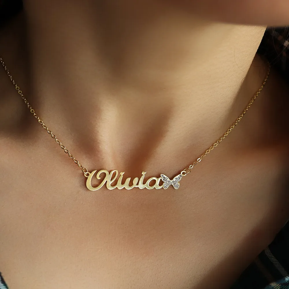 Custom Name Necklace Stainless Steel Zircon Pendant Necklace Personalized Name With Butterfly Necklace Christmas Gifts for Women