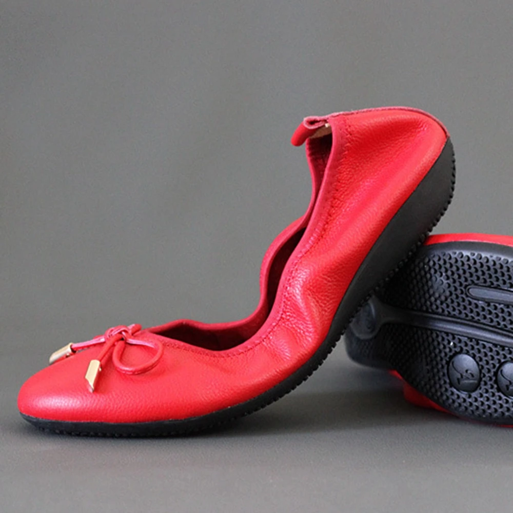 Chueyz High Quality Genuine Leather Shallow Mouth Super Soft Bow Ballet Dance Flats For Women Breathable Solid Women's Shoes
