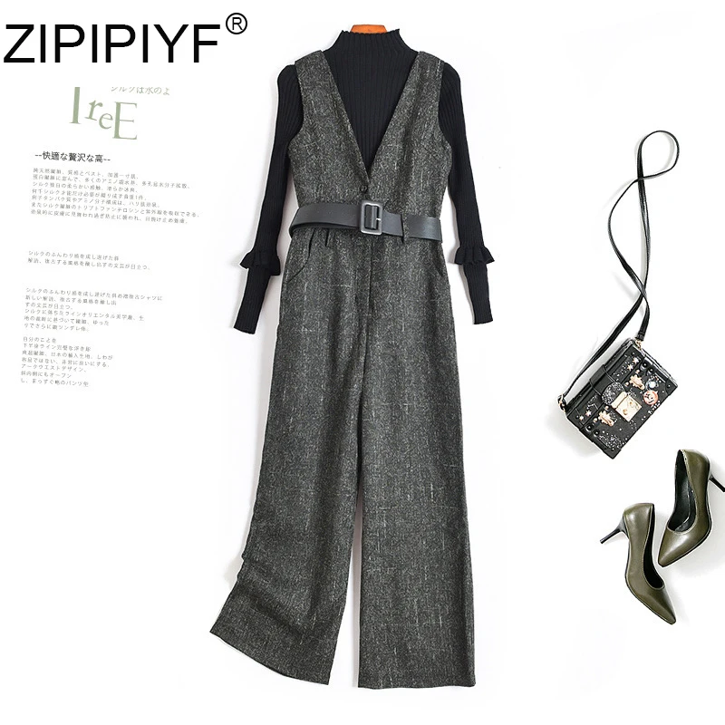 

Two-piece Suit Sets OL Temperament Long Sleeves Turtleneck Tops + V-neck High-waisted Jumpsuit C2012